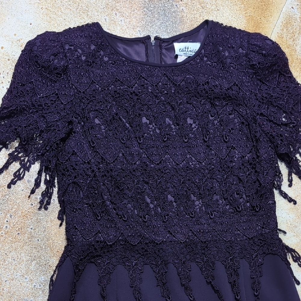 Cattiva | Vintage Chic Lace Fringe Midi Short Sleeve Dress in Deep Purple Size L